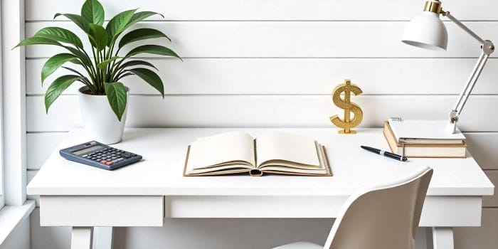 Picture of desk with a money symbol.