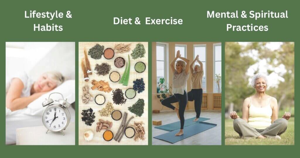Picture collage with senior woman sleeping next to alarm clock, various herbs and spices, senior couple doing tree pose in yoga class, and senior woman meditating on grass with trees in background