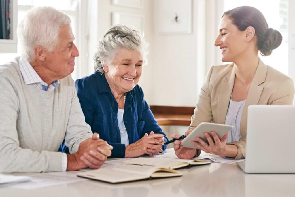 Senior couple meeting with accountant to discuss financial security concerns
